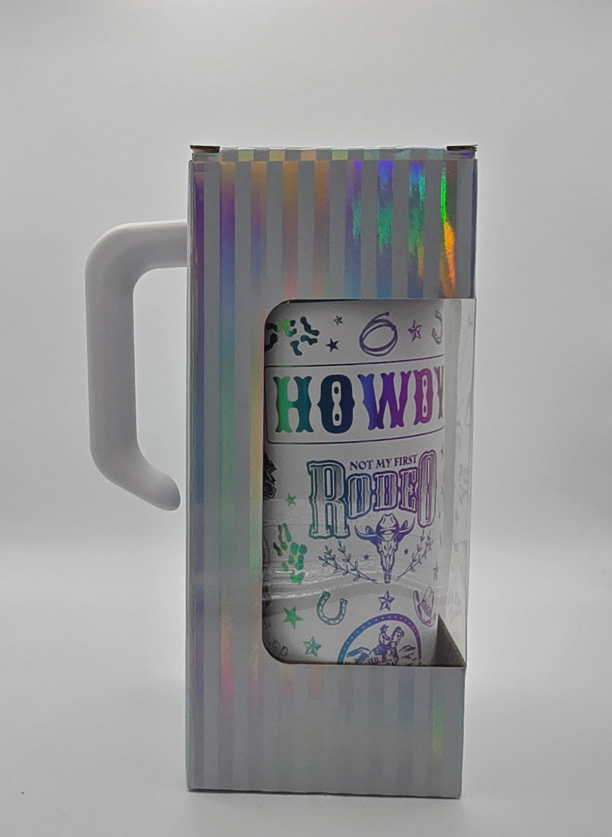 20oz White Tumbler With Rainbow Elctroplate Western Theme Engraved