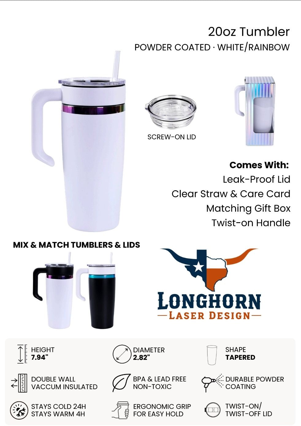 20oz White Tumbler With Rainbow Elctroplate Western Theme Engraved