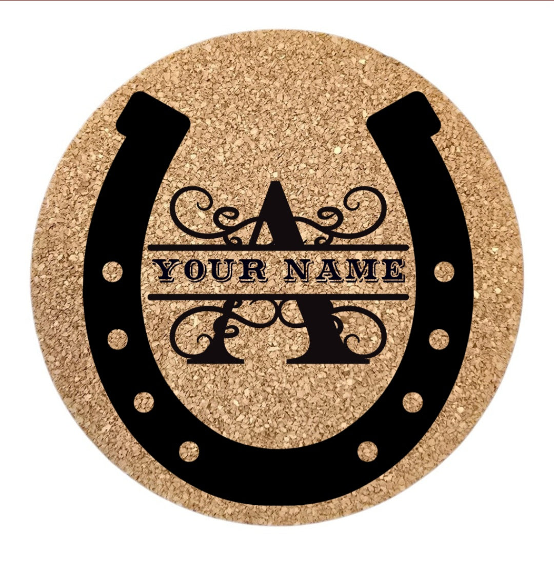 Cork Coasters Set Of 8 Customized with your Text with Horseshoe