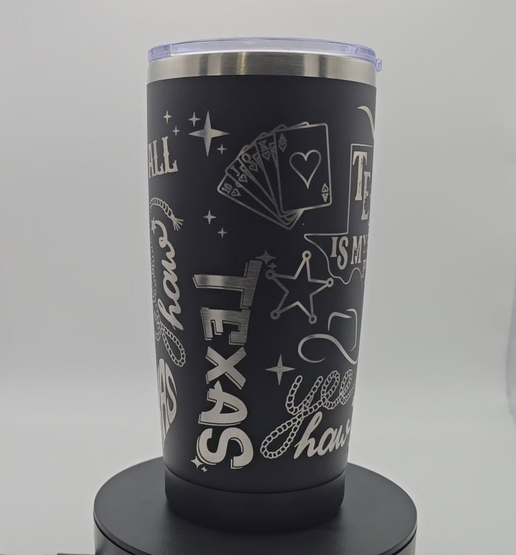 20oz Black Tumbler Texas Theme Full Wrap Laser Engraved