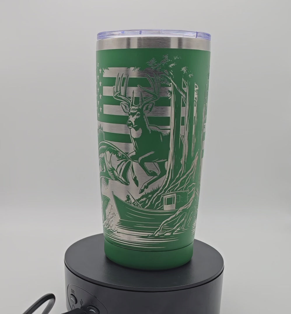 20oz Tumbler Hunting Fishing Theme Full Wrap Laser Engraved ( Green )