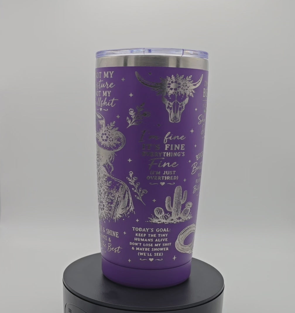 20oz Purple Tumbler Caffeine Chaos Country Music Theme Full Wrap Laser Engraved