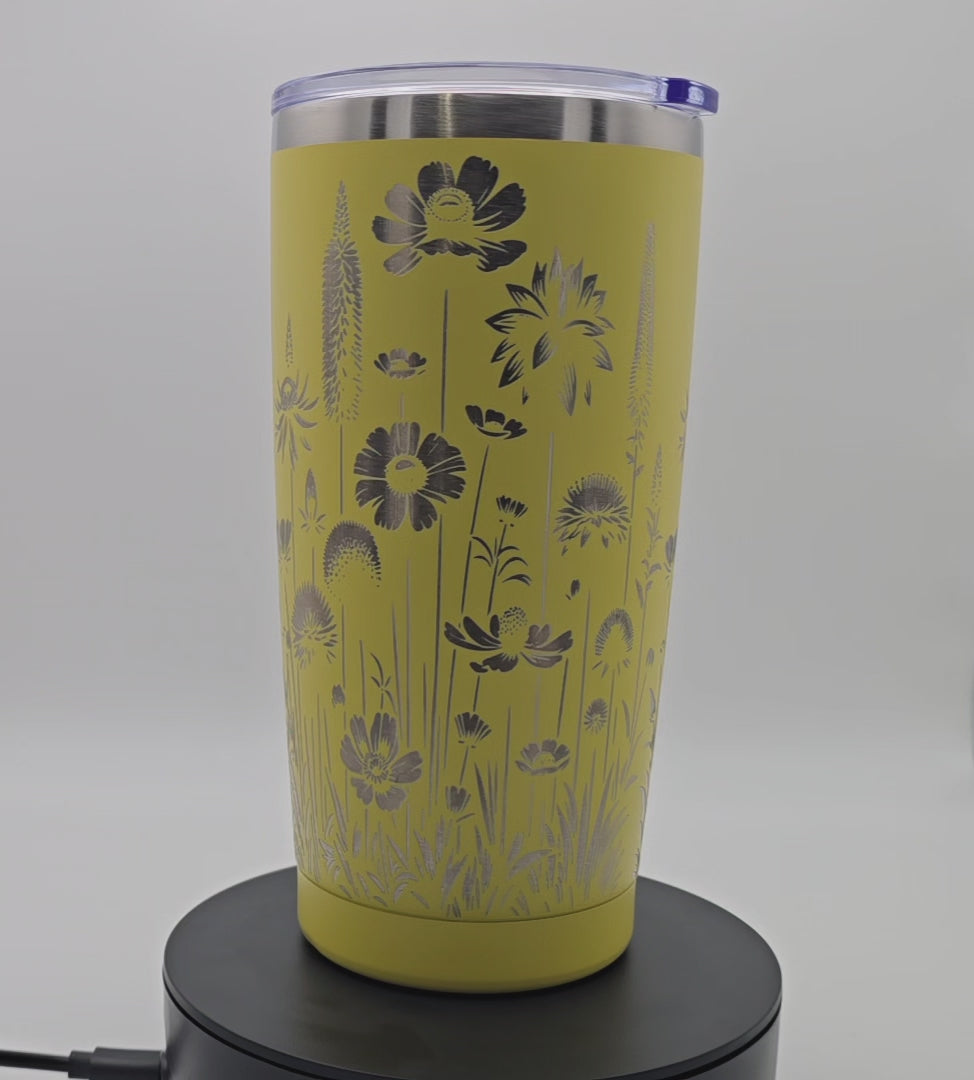20oz Yellow Tumbler Flower Theme Full Wrap Laser Engraved